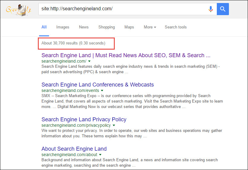 Google index stats in search results